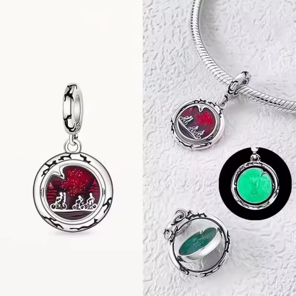 Stranger Things Jewelry - Stranger Things 925 Silver Red Pendant Front, Glo In The Dark Blue Back